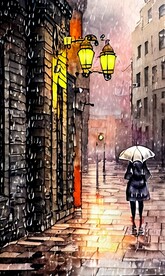 手绘水彩风格雨中城市景观建筑