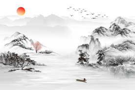 新中式国画山水禅意水墨背景墙