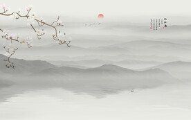 中式玉兰工笔花鸟画电视背景墙