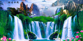 财生水流瀑布山水办公室客厅挂画