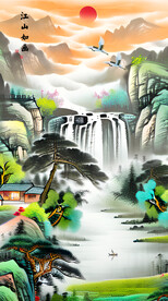 源远流长旭日东升山水画