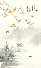 中式花鸟画山水情背景墙