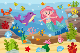 可爱美人鱼卡通海豚海底动物背景