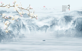 新中式手绘山水花鸟画背景墙