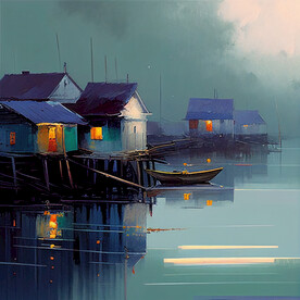 当代油画 渔村清晨