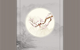 新中式格栅花鸟画背景墙