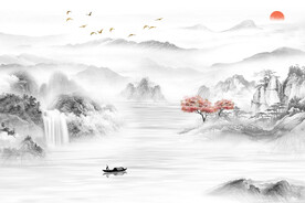 新中式山水聚宝盆国画意境背景墙