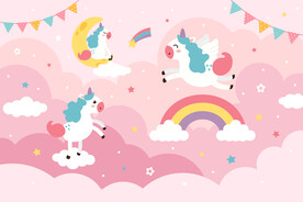 手绘彩虹独角兽卡通儿童房背景墙