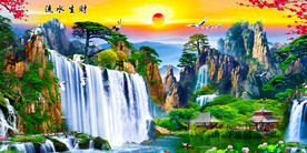 流水生财迎客松山水挂画