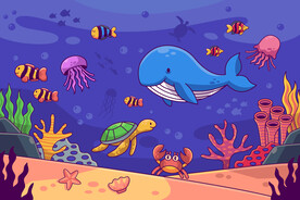 海底鲸鱼卡通热带鱼海龟水下背景