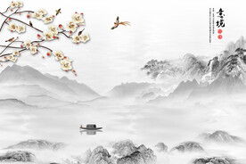 新中式花鸟意境水墨山水电视背景