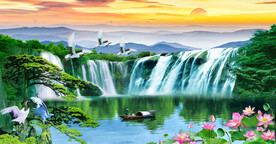 迎客松旭日东升山水画