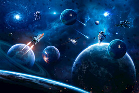 蓝色宇宙星球太空火箭宇航员背景