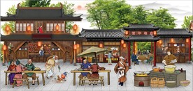 古代市井集市饭馆背景墙壁画