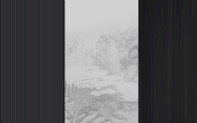 新中式格栅木纹山水画背景墙