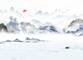 水墨山水画背景墙 装饰画 船