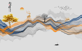 线条山水飘带水墨背景墙