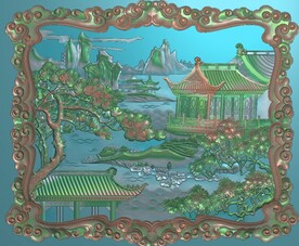 风景如画带祥云边框相框精雕图