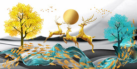 山水画背景墙 麋鹿 树