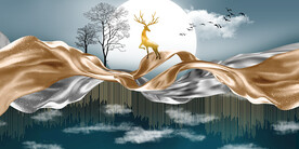 山水画背景墙 飘带 麋鹿