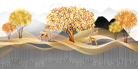 山水画背景墙弧线 树麋鹿