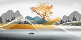 山水画背景墙 船 树