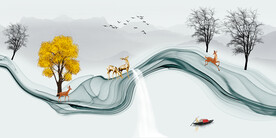 山水画背景墙弧线 船 树