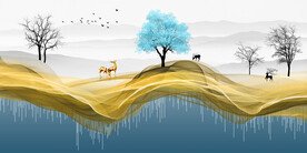 山水画背景墙 麋鹿 弧线