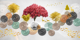 山水画背景墙圆圈 麋鹿 树