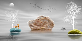 山水画背景墙 麋鹿 石头