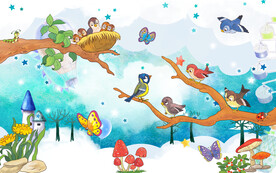 卡通小鸟儿童房背景墙