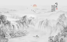 中式山水情国画山水背景墙