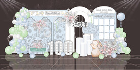 男孩蓝色小香风卡通兔子宝宝宴