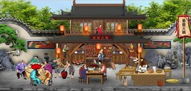 古代重庆火锅餐饮背景墙壁画