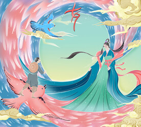 七夕情人节牛郎织女鹊桥相会插画