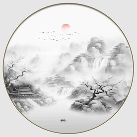 圆形水墨山水画