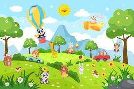 卡通云朵山谷可爱动物乐园背景墙