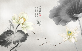 新中式手绘水墨荷花背景墙