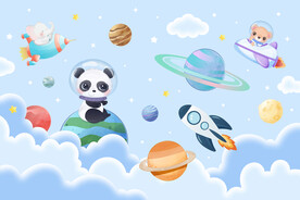 卡通动物宇航员太空火箭星球背景