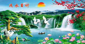迎客松瀑布山水画