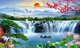 山水画瀑布迎客松