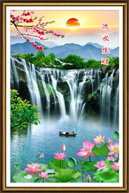 流水生财瀑布山水画