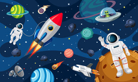 卡通火箭太空宇航员飞碟星球背景
