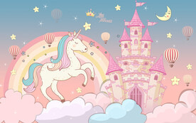 可爱卡通城堡独角兽儿童房背景墙