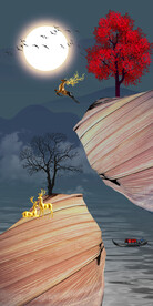 新中式彩色麋鹿山水玄关装饰画