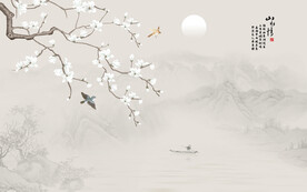 新中式山水情工笔花鸟画背景墙