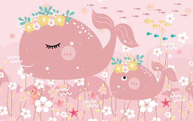 可爱卡通鲸鱼粉色儿童房背景墙