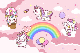 粉色天空卡通彩虹独角兽气球背景