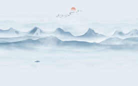 简约蓝色意境水墨山水画背景墙