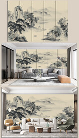 新中式山水 背景墙壁画 硬包